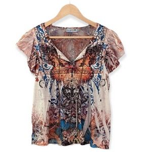 Y2K Butterfly Baby Doll Flutter Sleeve Boho All Over Print Top